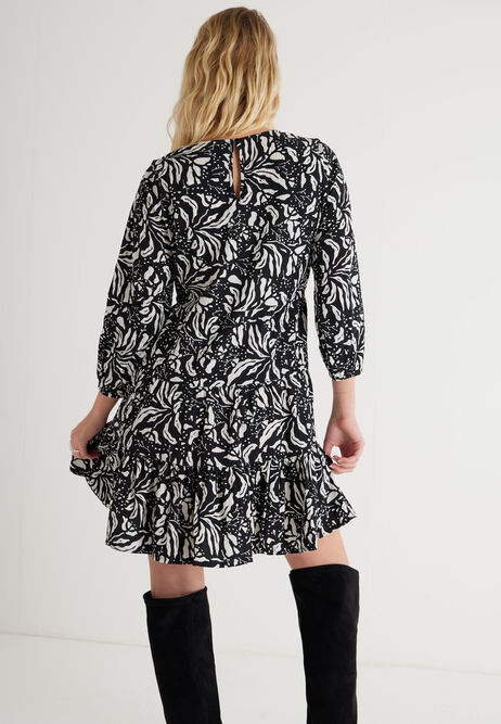 Womens Black and White Floral Smock Dress