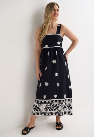 Womens Black & White Leaf Print Cotton Midi Dress