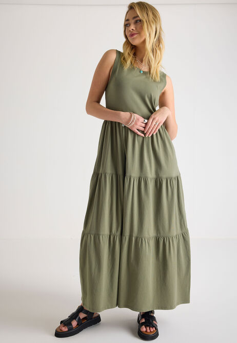 Womens Khaki Tiered Vest Maxi Dress