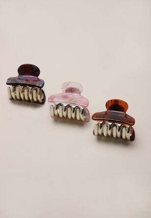 Womens 3pk Pink & Brown Mini Claw Clips