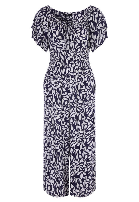 Womens Navy Leaf Print Jumpsuit
