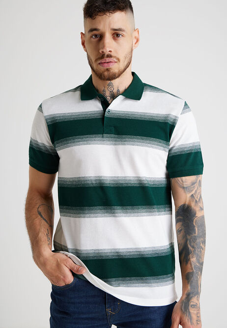 Mens Green & White Horizontal Stripe Polo Shirt 
