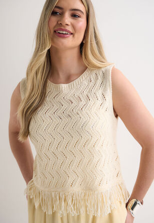 Womens Cream Crochet Tassel Jumper Vest 