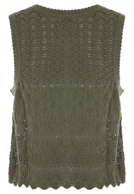 Womens Khaki Crochet Waistcoat Cardigan