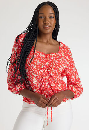 Womens Red Floral Long Sleeve Tea Top