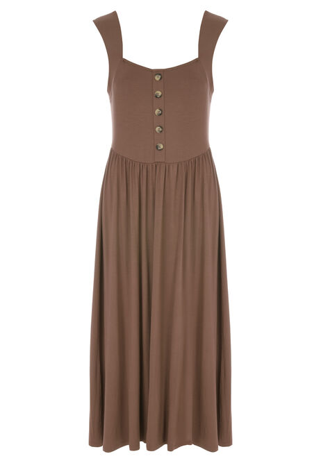 Womens Brown Plain Button Front Midi Dress