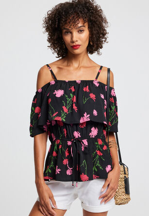 Womens Black Floral Strappy Double Layer Blouse