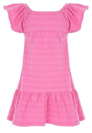 Younger Girls Plain Pink Frill Textured Dress