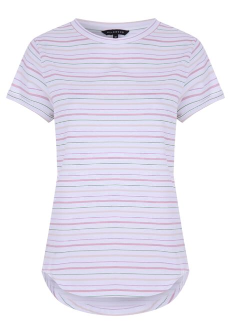 Womens White Stripe Print Roll Sleeve T-shirt
