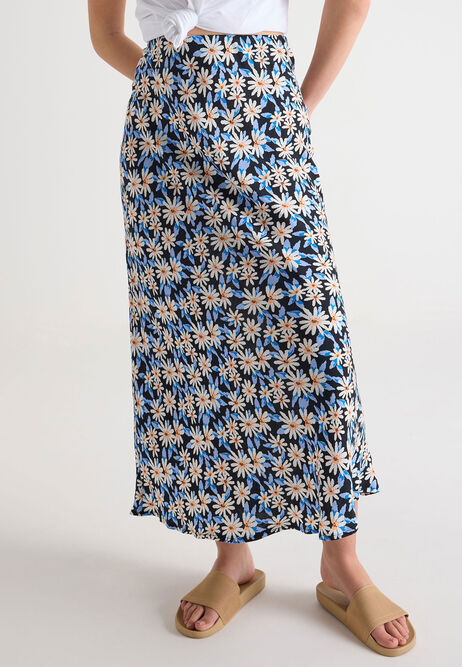 Womens Blue Daisy Print Midi Skirt