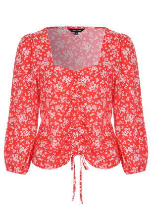 Womens Red Floral Long Sleeve Tea Top