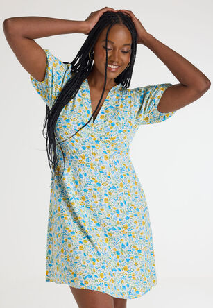 Womens Blue & White Floral Print Dress