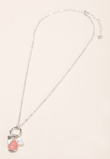 Womens Silver & Pink Long Charm Necklace