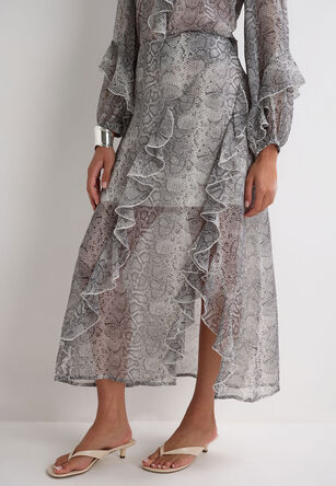 Womens Grey Snake Print Ruffle Sheer Midi Skirt 
