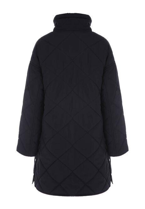 Womens Black Longline Quilted Funnel Neck Coat