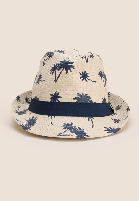 Mens Straw Palm Print Trilby Hat