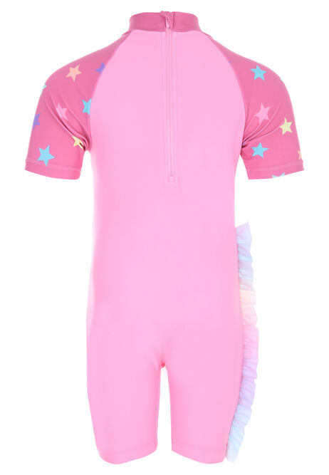 Younger Girls Pink Unicorn Print Ruffle Sun Safe Swimsuit
