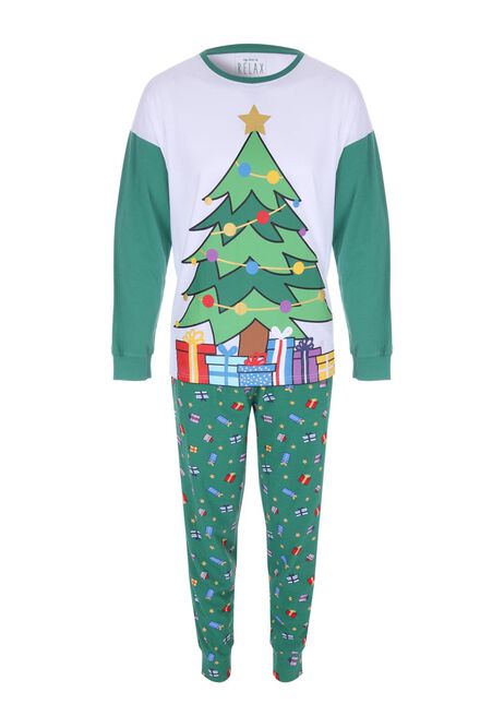 Mens Green Christmas Tree Novelty Pyjama Set Peacocks