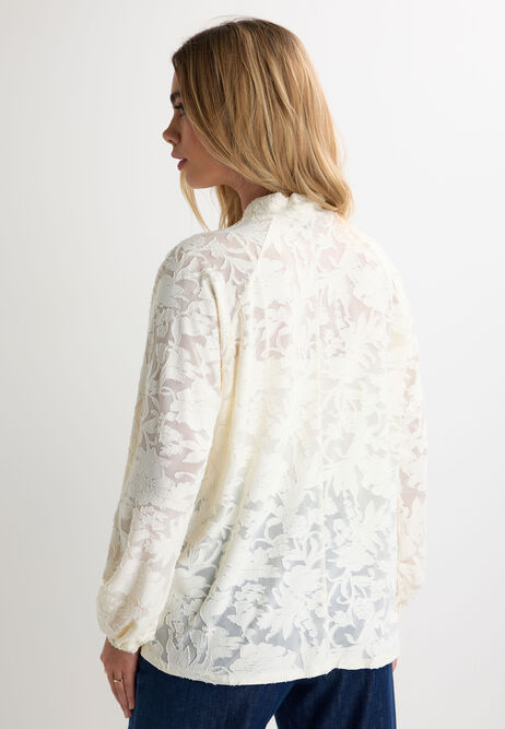 Womens Cream Textured Pussy Bow Burnout Blouse