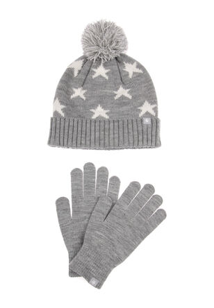 Womens Grey Star Hat and Gloves Gift Box
