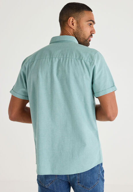 Mens Green Plain Oxford Short Sleeve Shirt