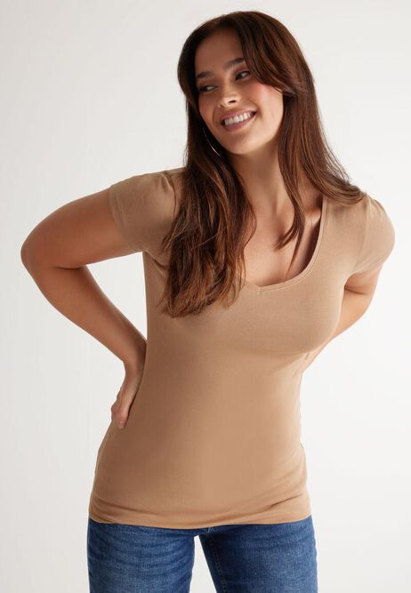 Womens Dark Beige Pure Cotton V Neck T-shirt