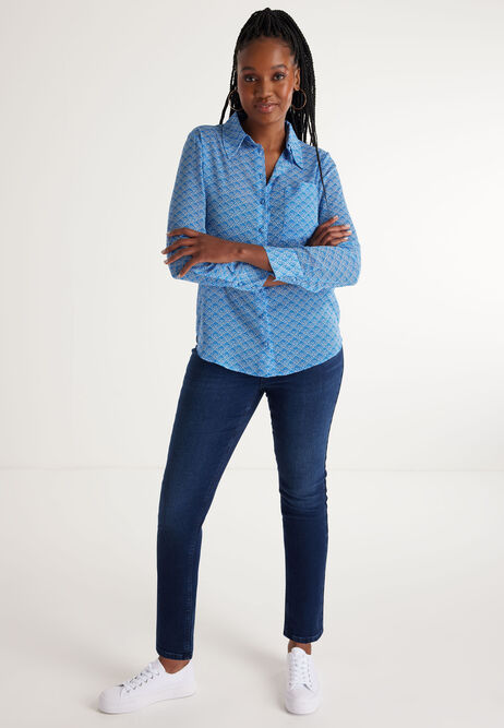 Womens Blue Tile Print Crinkle Long Sleeve Shirt