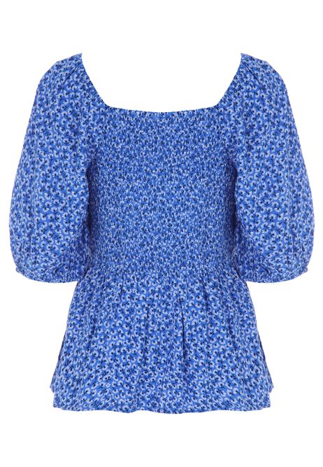 Womens Blue Floral Shirred Bodice Blouse
