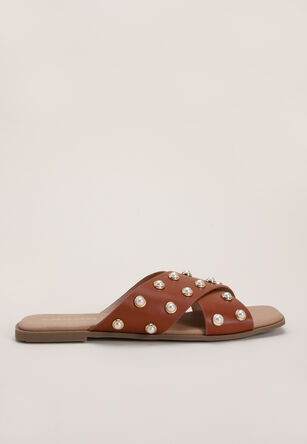 Womens Tan Pearl Crossover Sandals