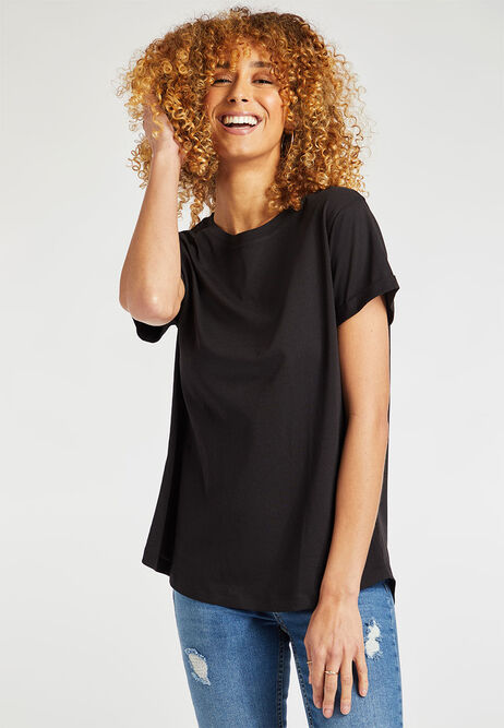 Womens Black Cotton Roll Sleeve T-Shirt
