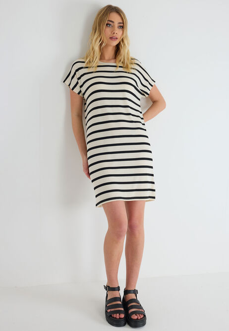 Womens Cream & Black Stripe T-shirt Mini Dress