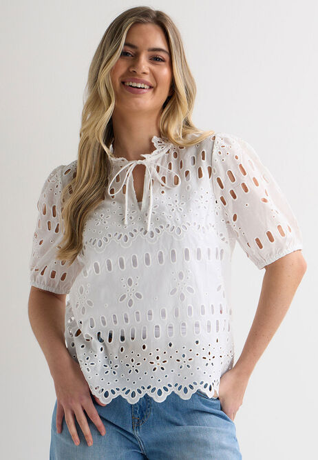 Womens White Cutwork Tie Detail Blouse