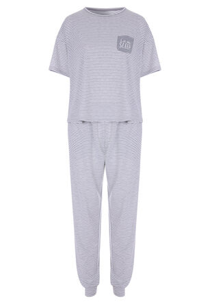 Womens Light Grey & White Stripe Short Sleeved Pyjama