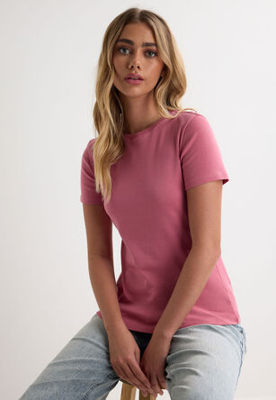 Womens Pink Plain Fitted Crew Neck Top