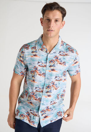 Mens Blue Hawaiian Palm Print Shirt