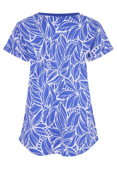 Womens Blue Floral Print Roll Sleeve T-Shirt