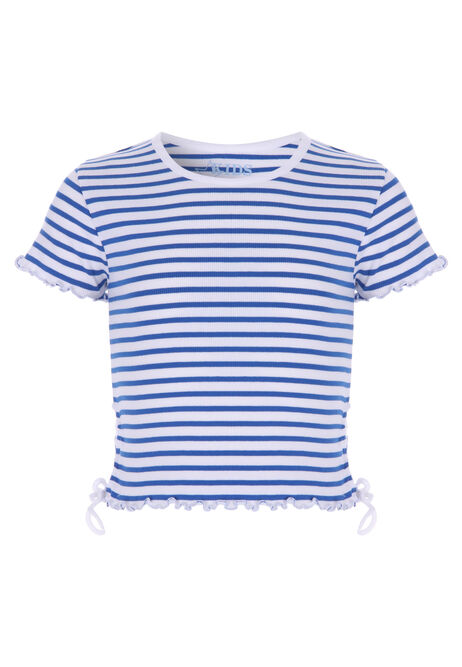 Older Girls Blue & White Horizontal Stripe Tie Side T-Shirt