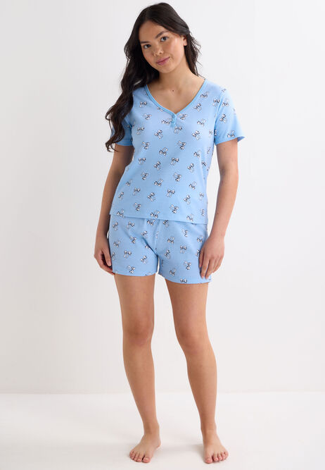 Older Girls Blue Bow Henley Top & Boxer Short Pyjama Set