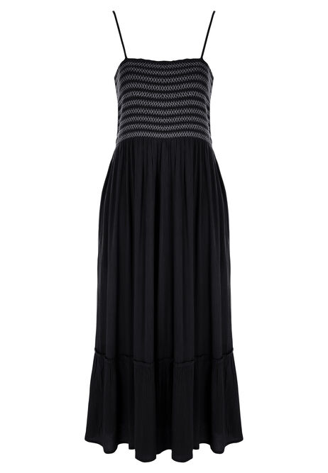 Womens Black & Cream Embroidered Shirred Midi Dress