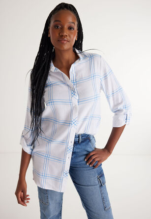 Womens Blue & White Check Longline Shirt