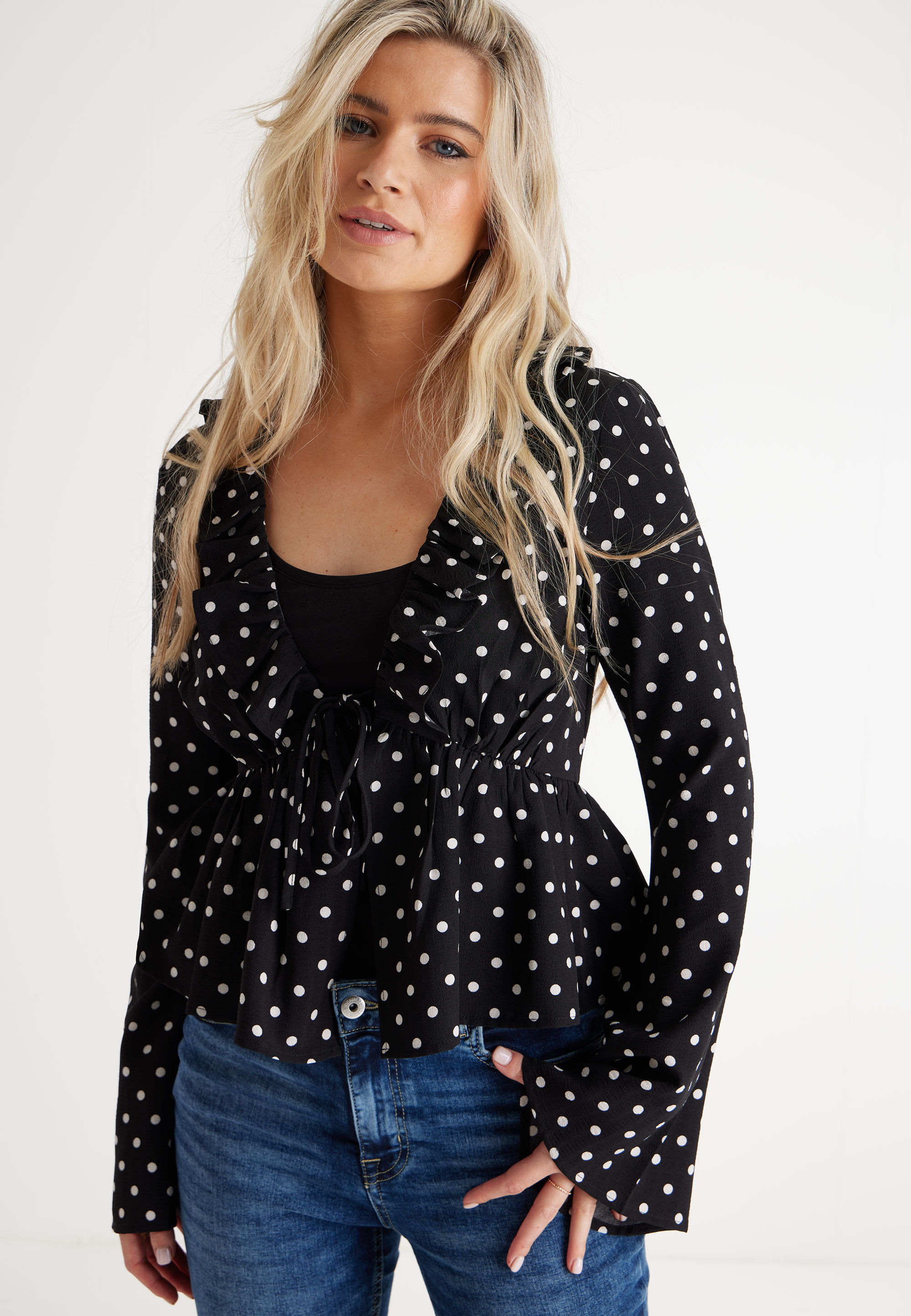Womens Black White Spot Frill Blouse Peacocks