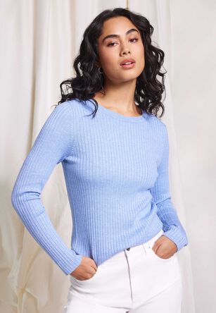 Womens Blue Marl Plain Ribbed Jumper