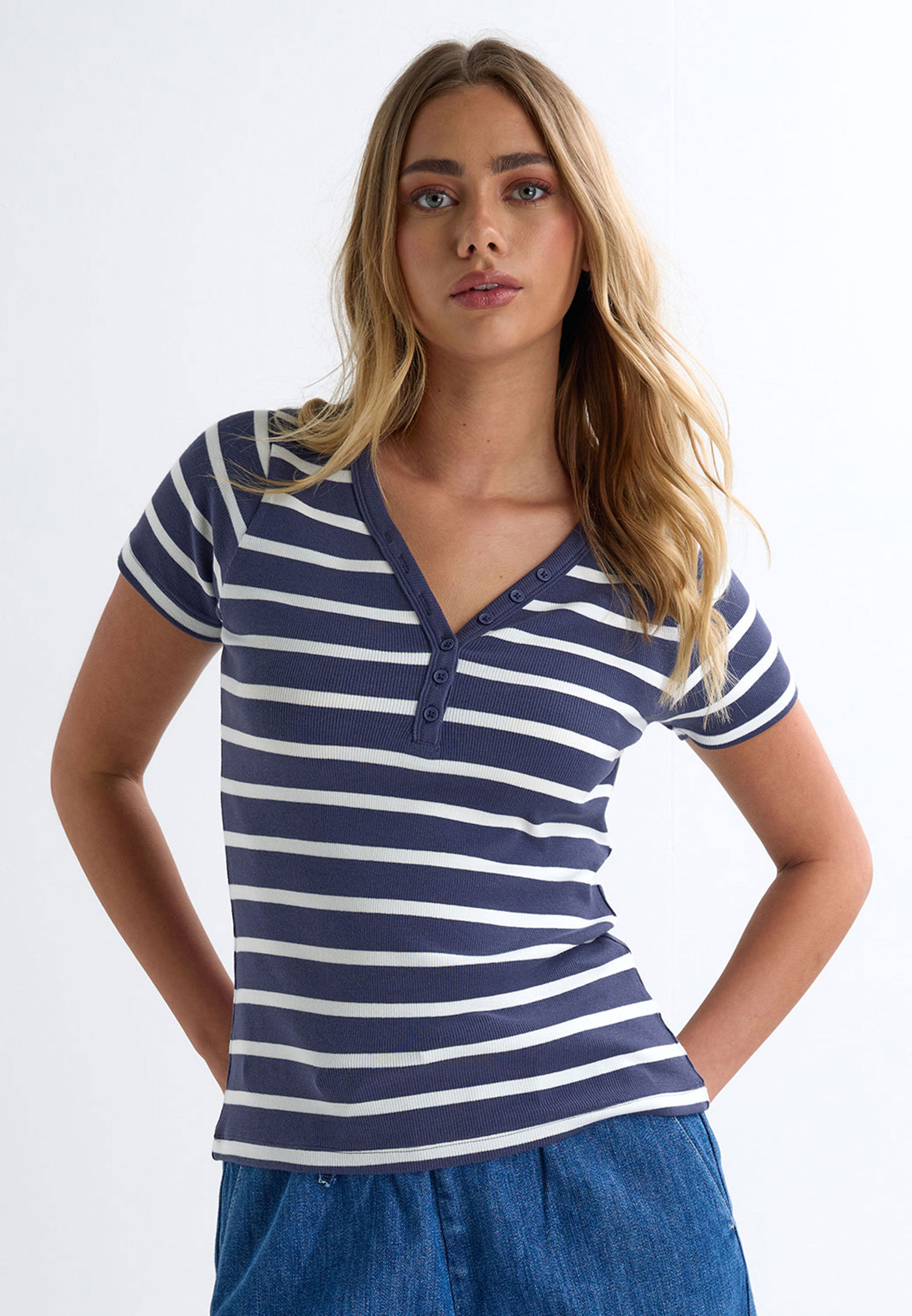 Womens Navy Stripe Button Placket Top