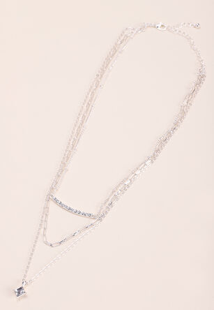 Womens 3 Row Chain Diamante Necklace 