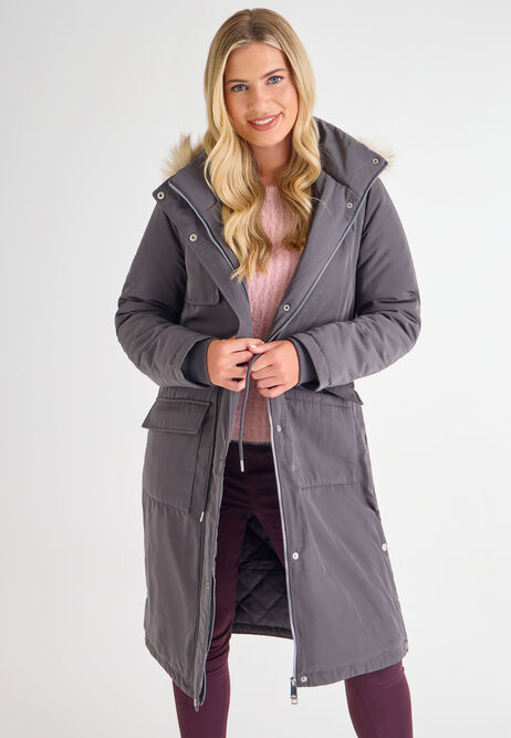 Womens Grey Mid Length Parka Coat