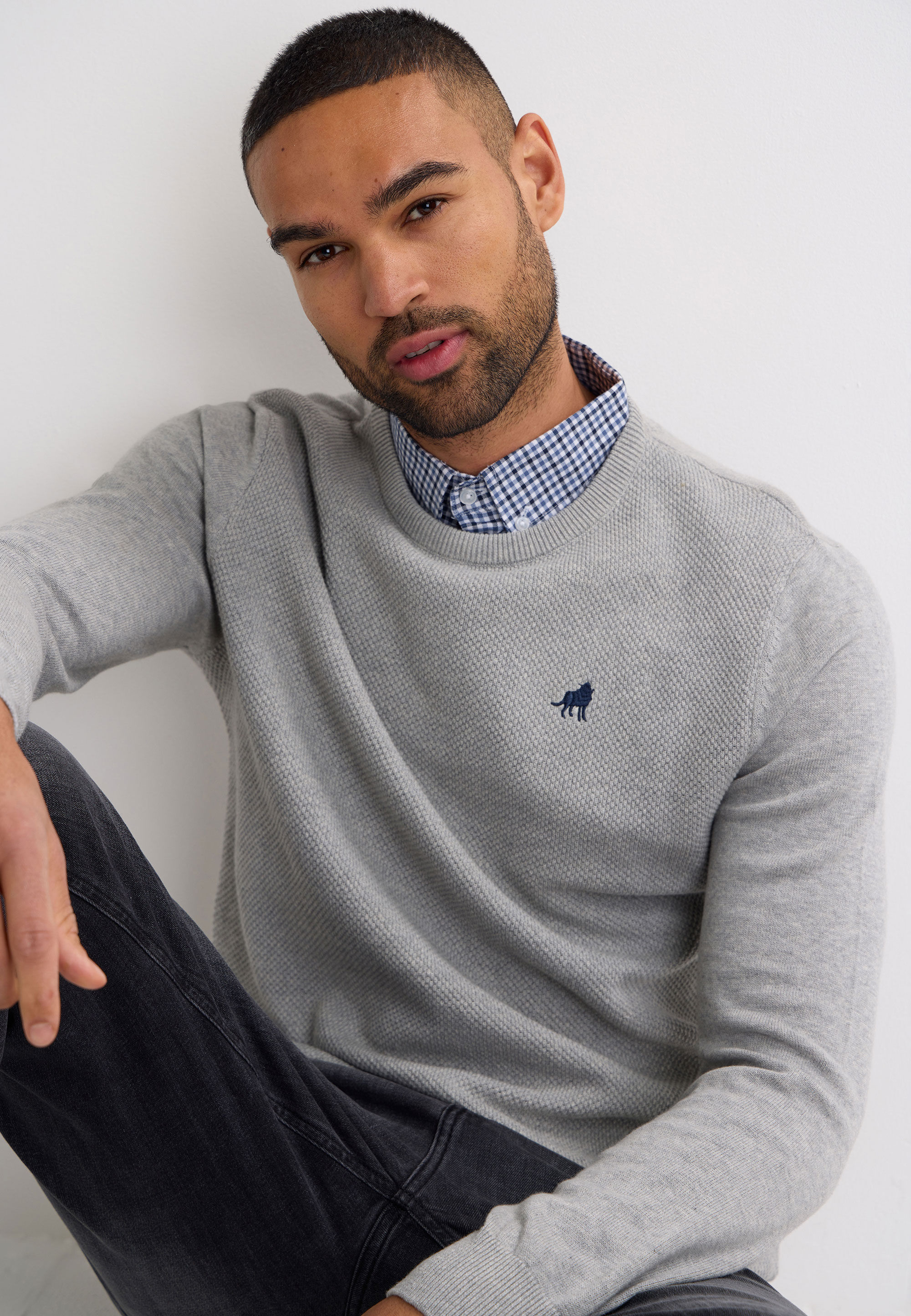 Mens Grey Plain Textured Mock Shirt Jumper Peacocks