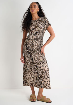 Womens Brown Animal Print Ruched Sides Midi Dress