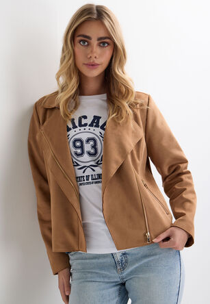 Womens Tan Suedette Biker Jacket