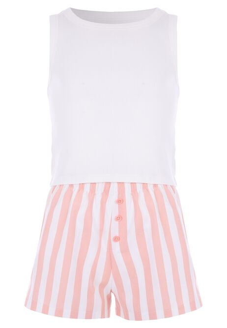 Older Girls Pink Stripe Vest & Shorts PJ Set