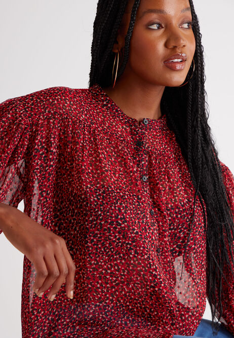 Womens Red Leopard Print Sheer Blouse